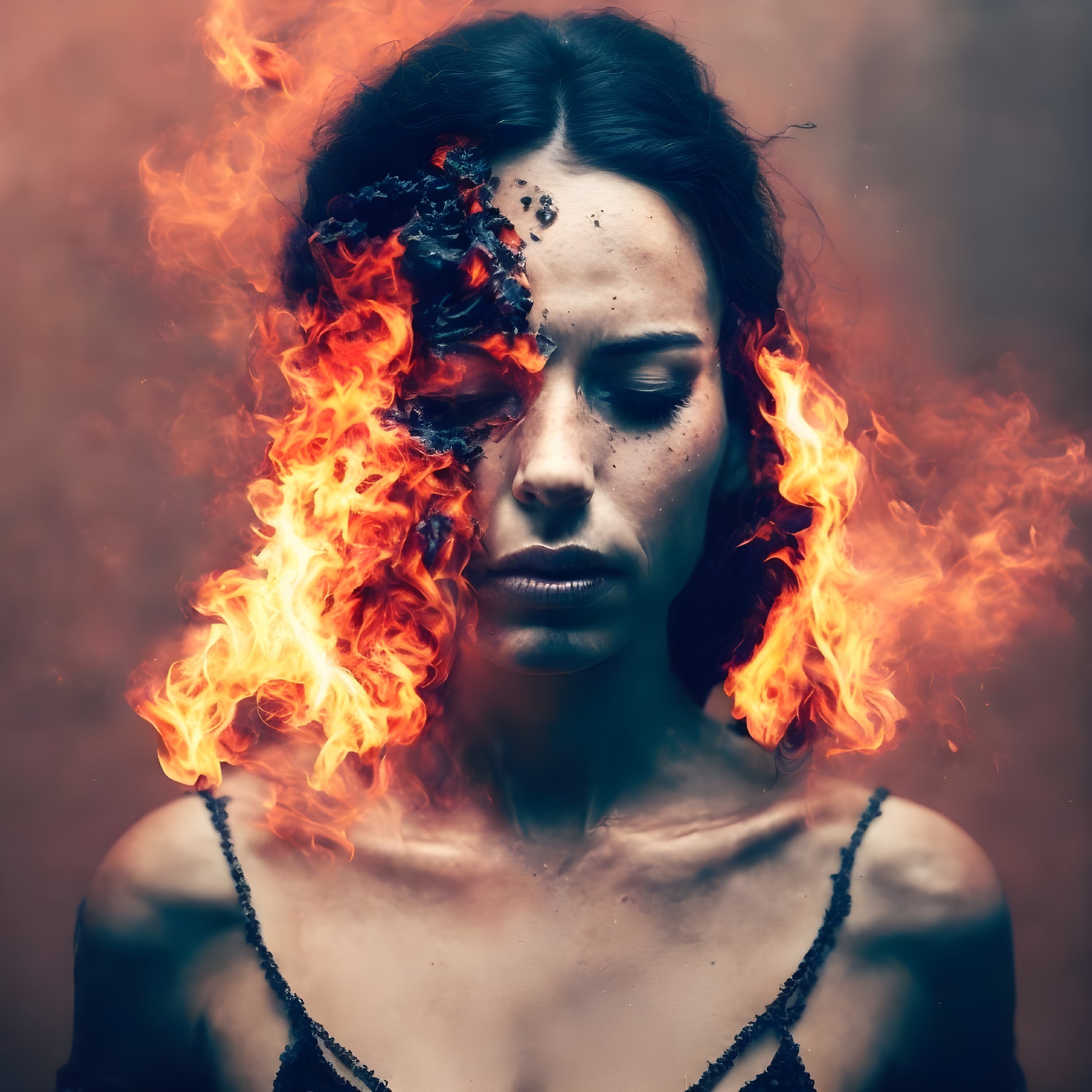 Woman's hair and shoulder on fire in dramatic fantasy portrait