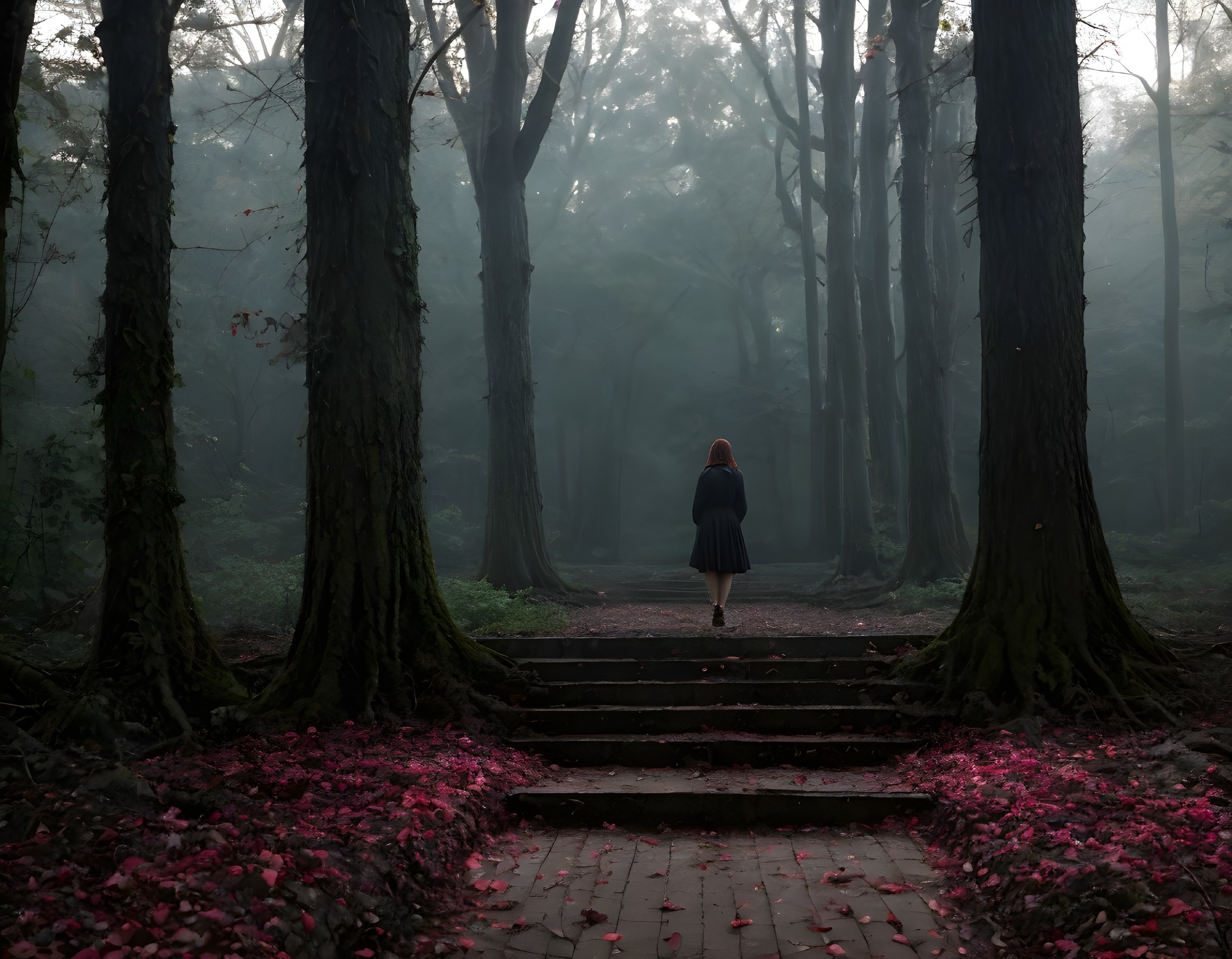 Woman standing on misty forest steps with pink petals.