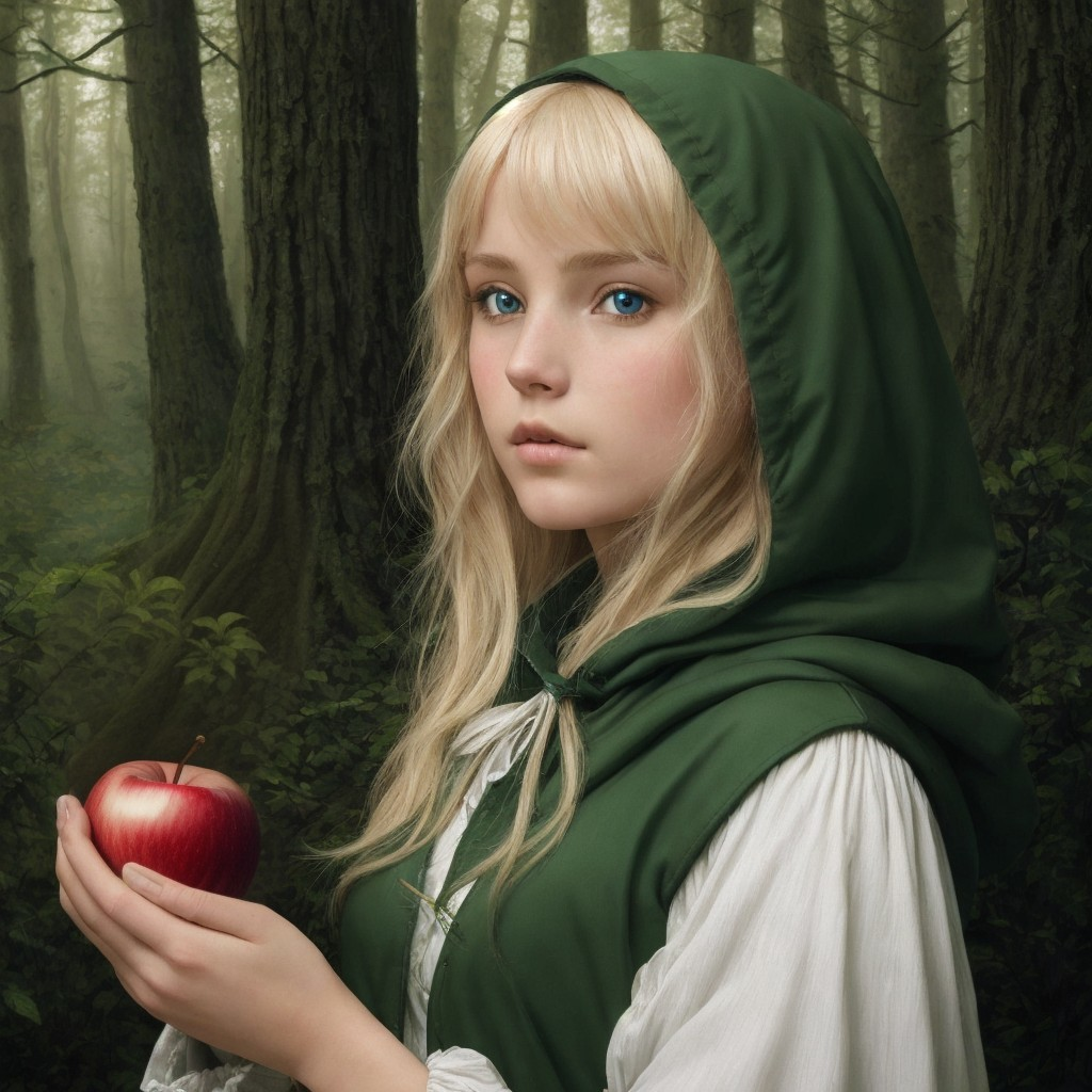 Young Woman in Green Cloak in Misty Forest