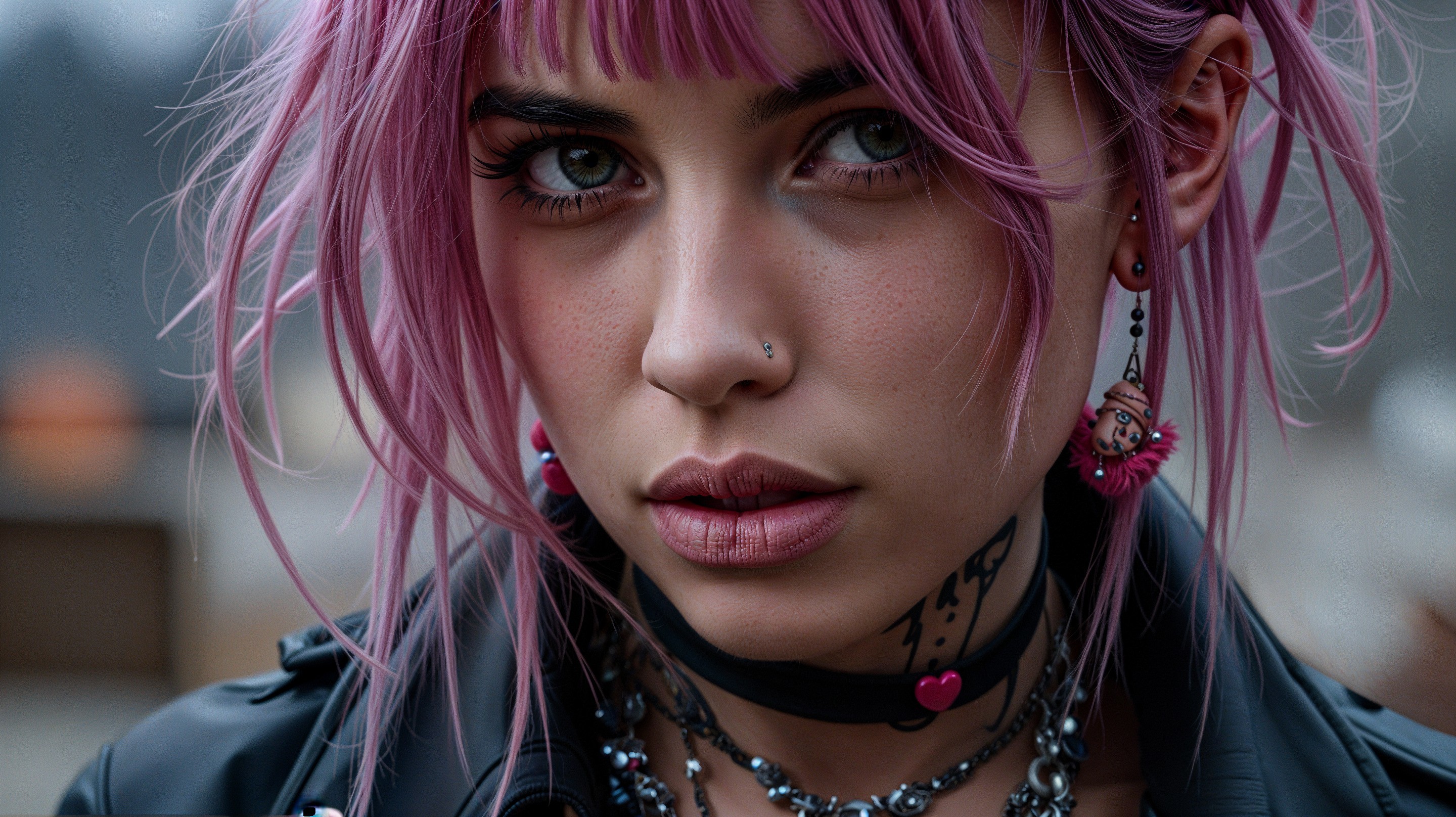 Young woman with pink hair and striking features