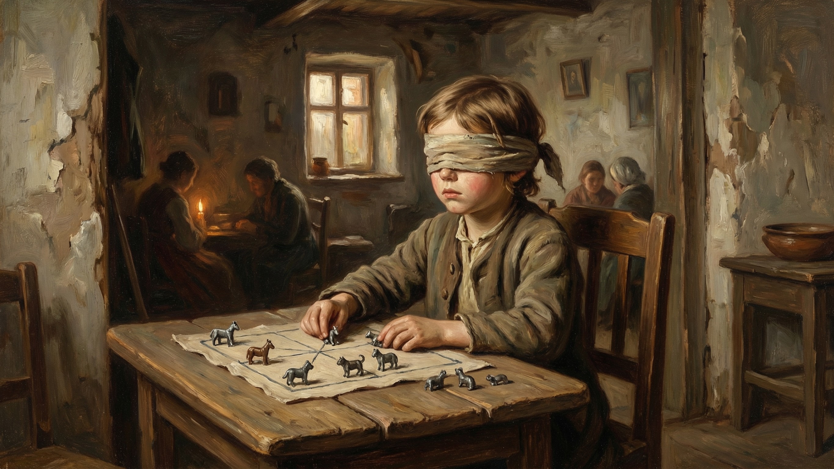 Rustic Room with Blindfolded Boy Playing Board Game