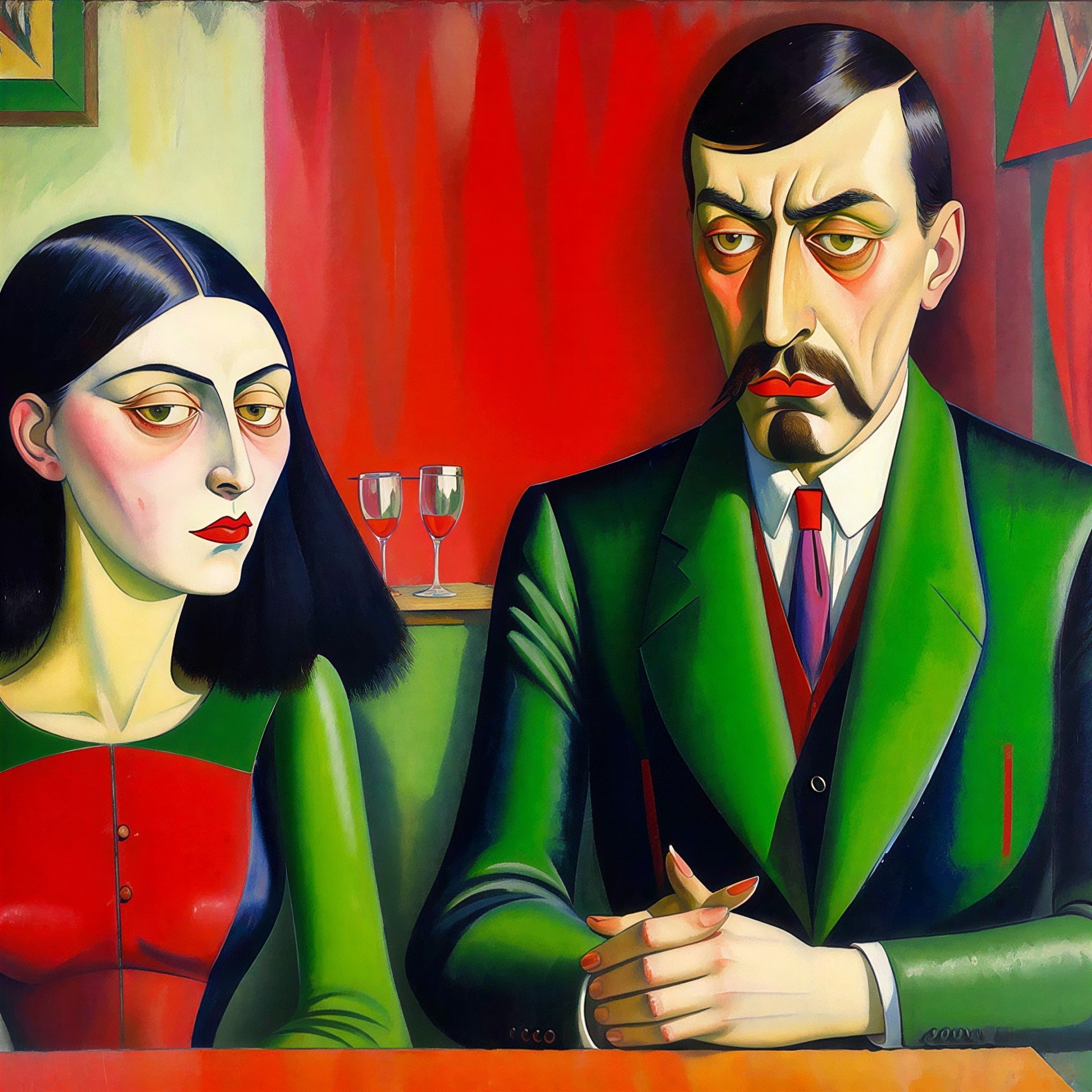 Neo-Cubist Painting of Melancholic Couple at Table