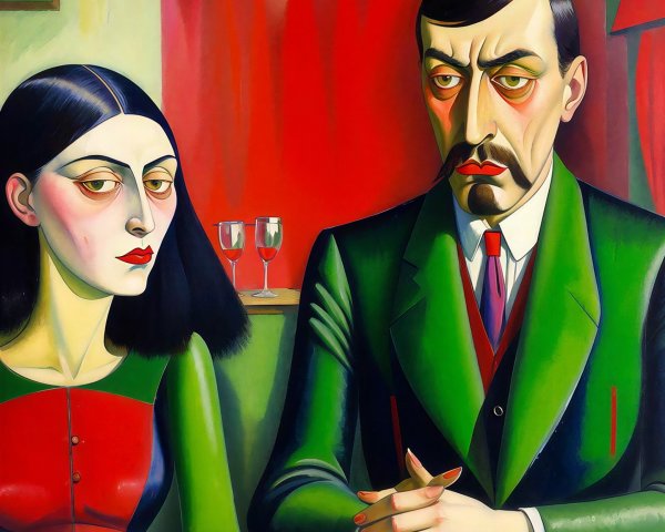 Neo-Cubist Painting of Melancholic Couple at Table