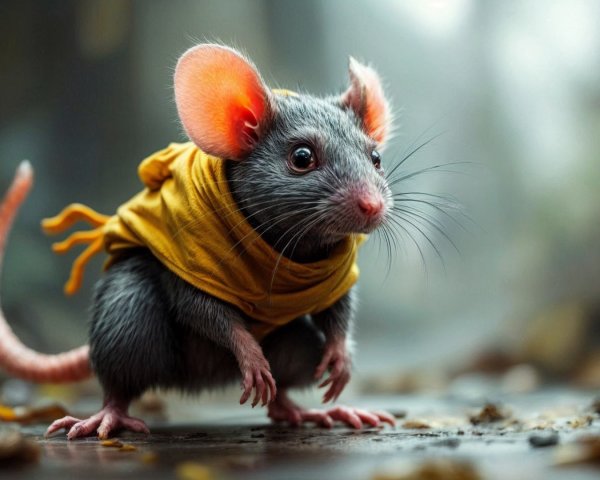 Adorable mouse in yellow hoodie in whimsical setting