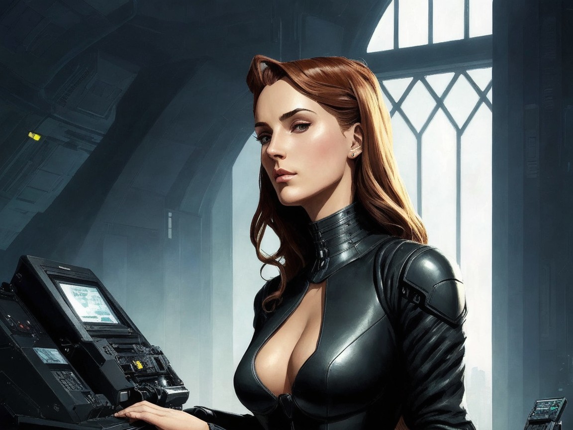 Confident Female in Black Suit in Futuristic Setting