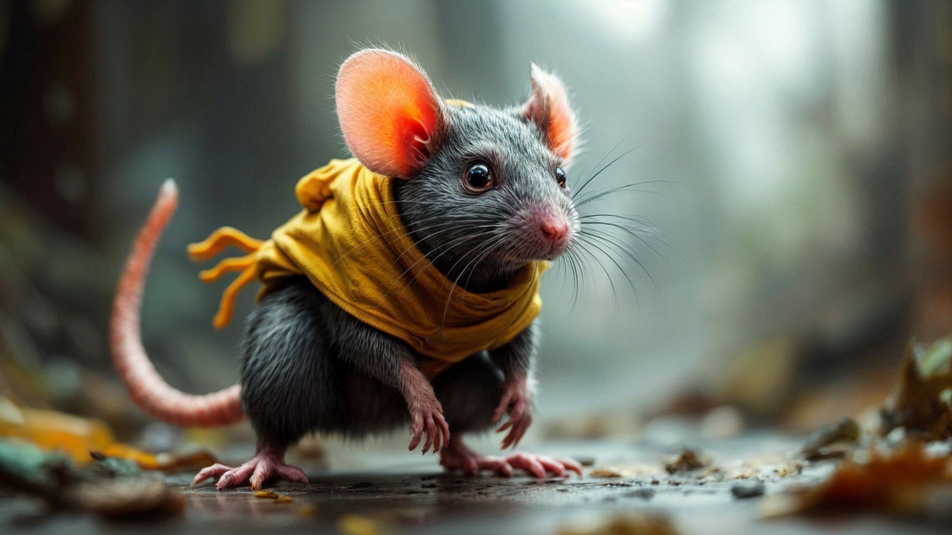 Adorable mouse in yellow hoodie in whimsical setting