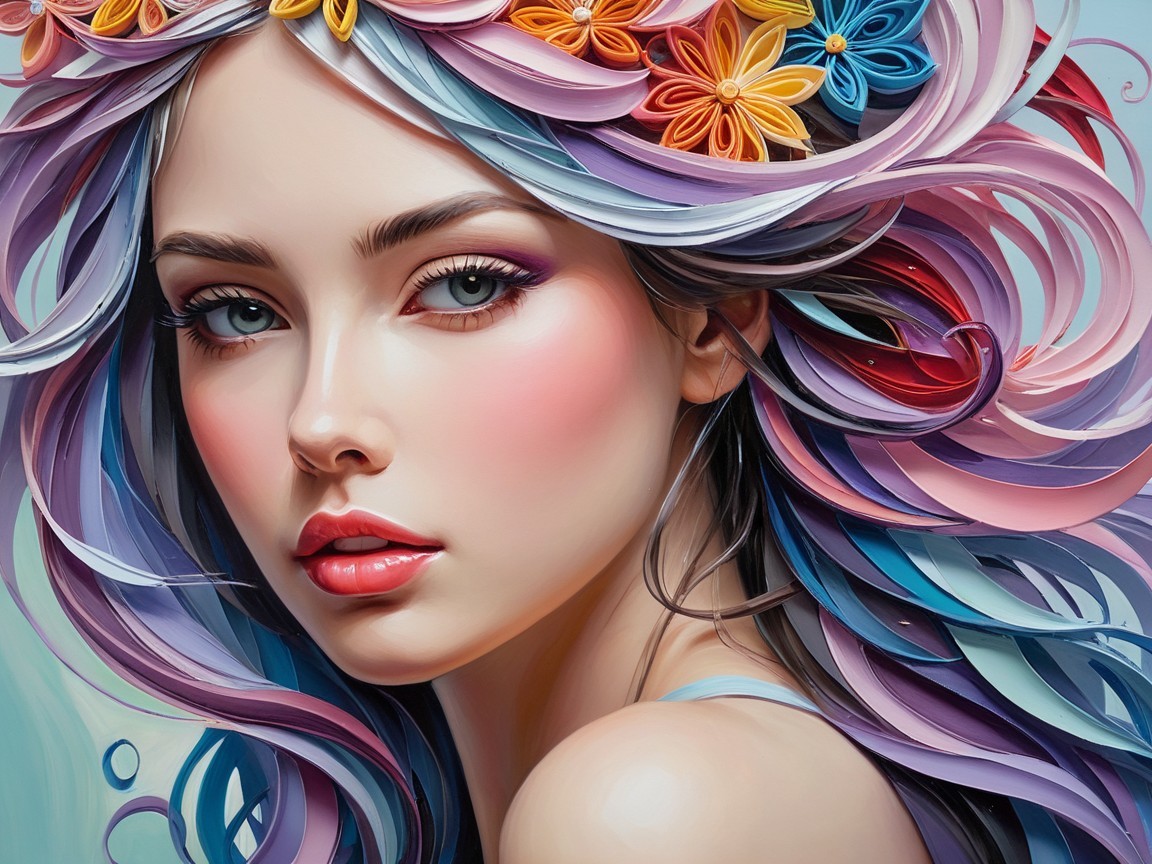 Portrait of a Young Woman with Colorful Hair and Flowers