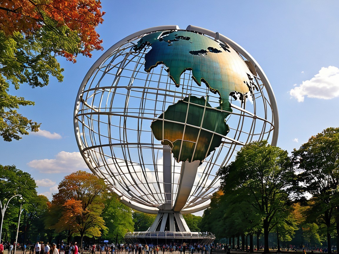 Metallic globe sculpture in autumn park setting
