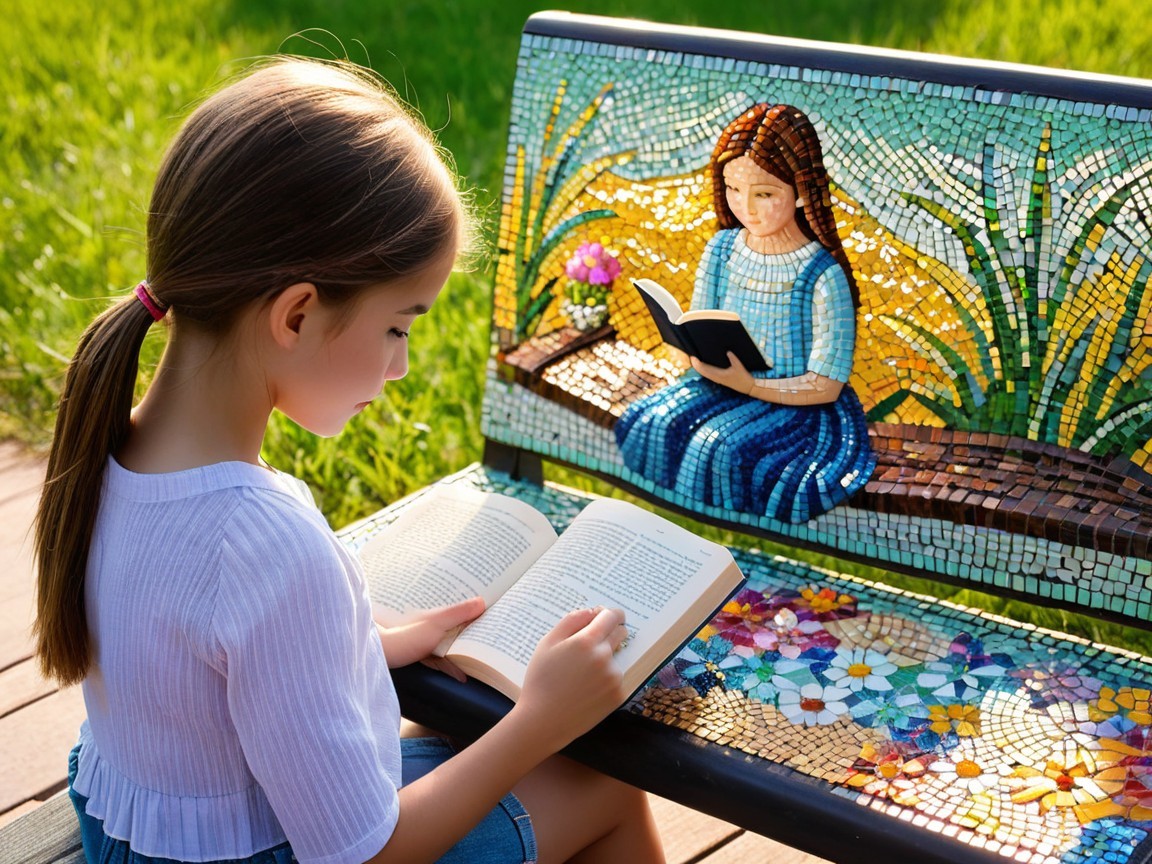 Young girl reading on a colorful mosaic bench