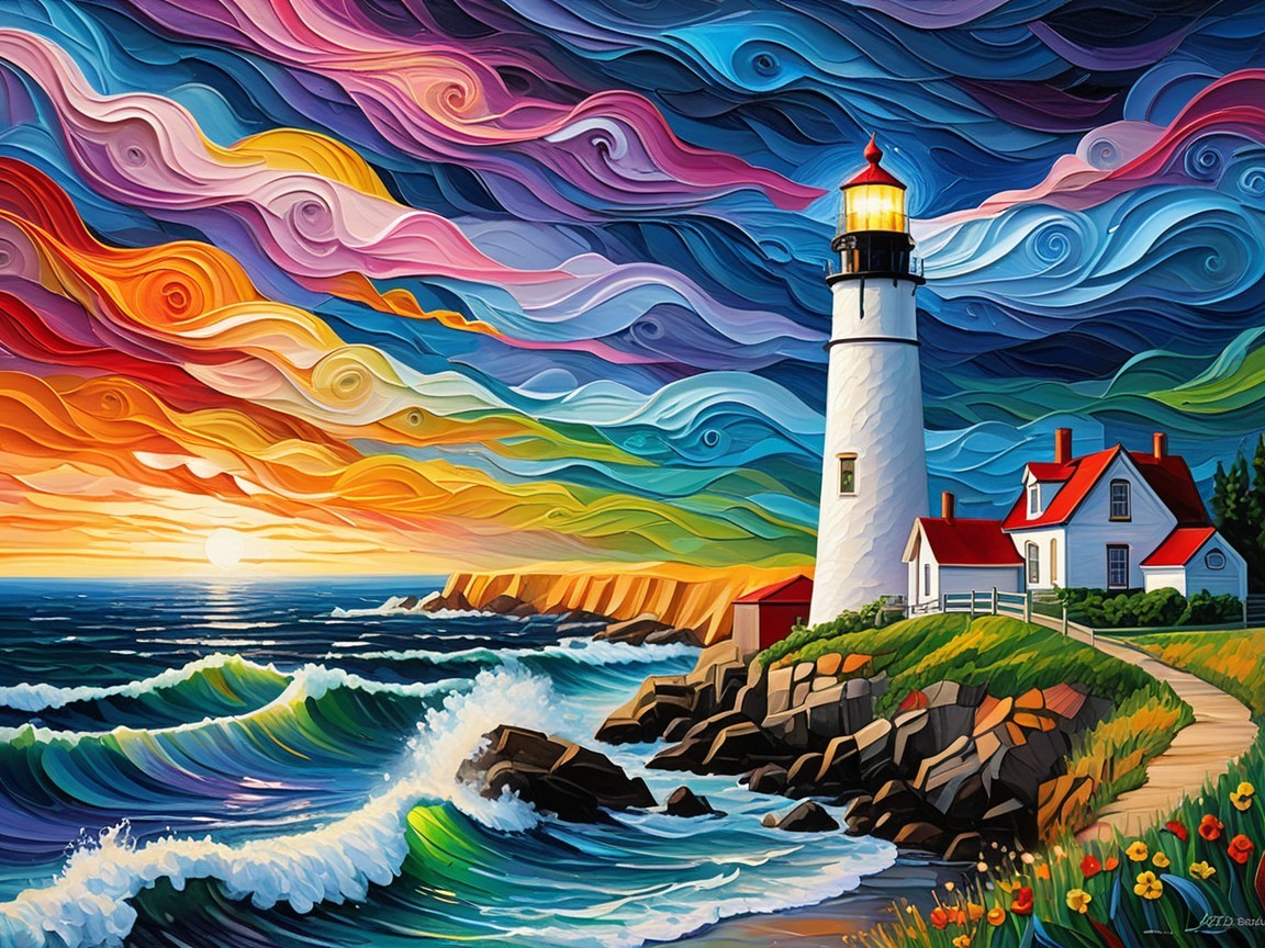 Vibrant Coastal Scene with Lighthouse and Sunset Sky