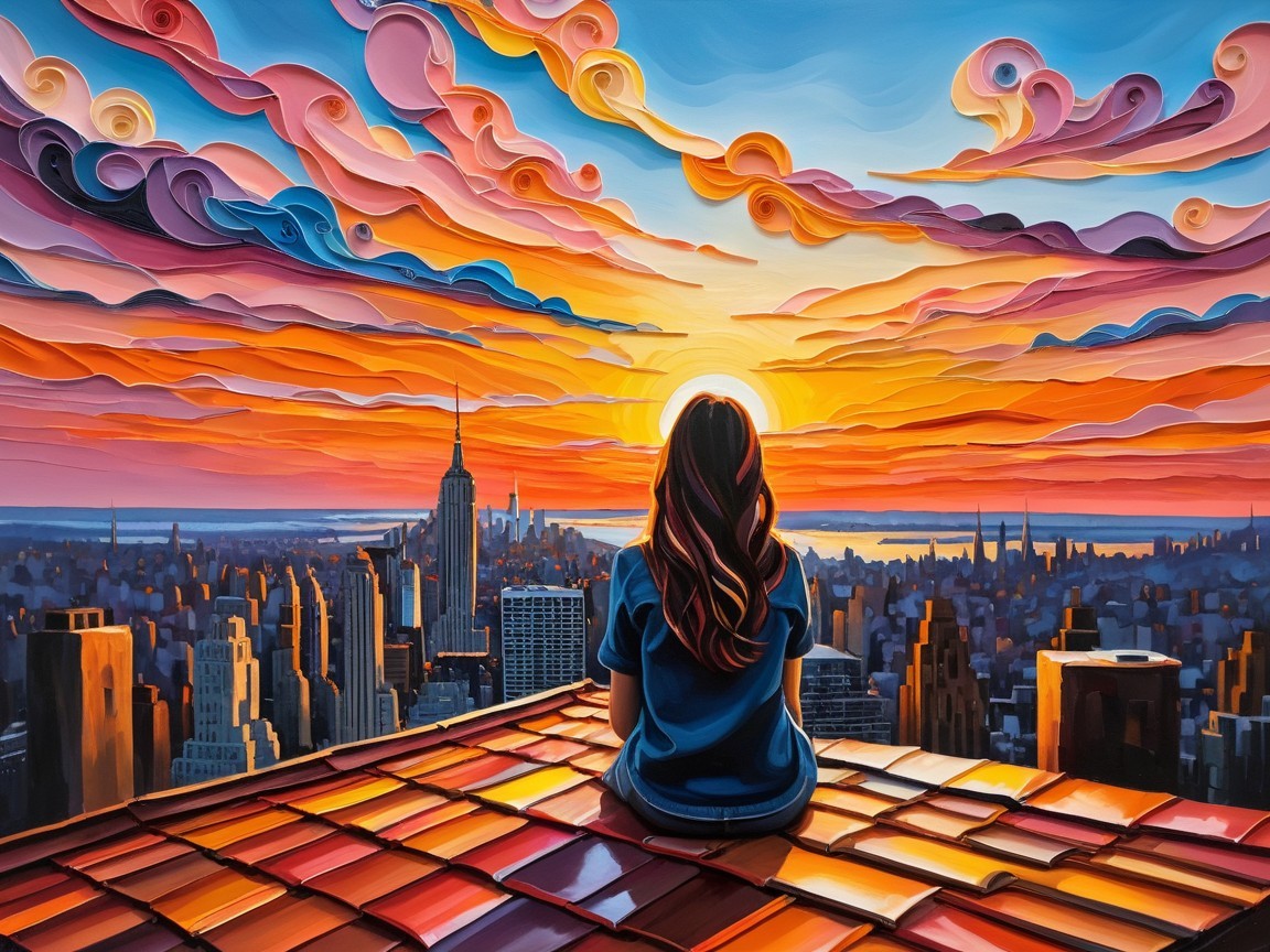 Young girl on rooftop watching vibrant city sunset