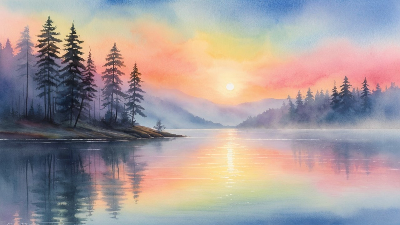 Tranquil Lake Scene with Vibrant Sunrise Colors