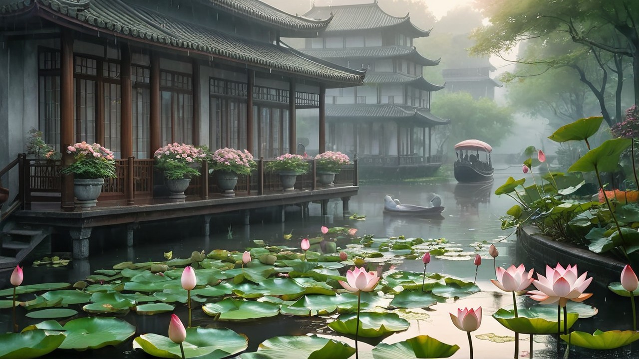 Traditional Chinese Garden with Lotus Flowers and Mist