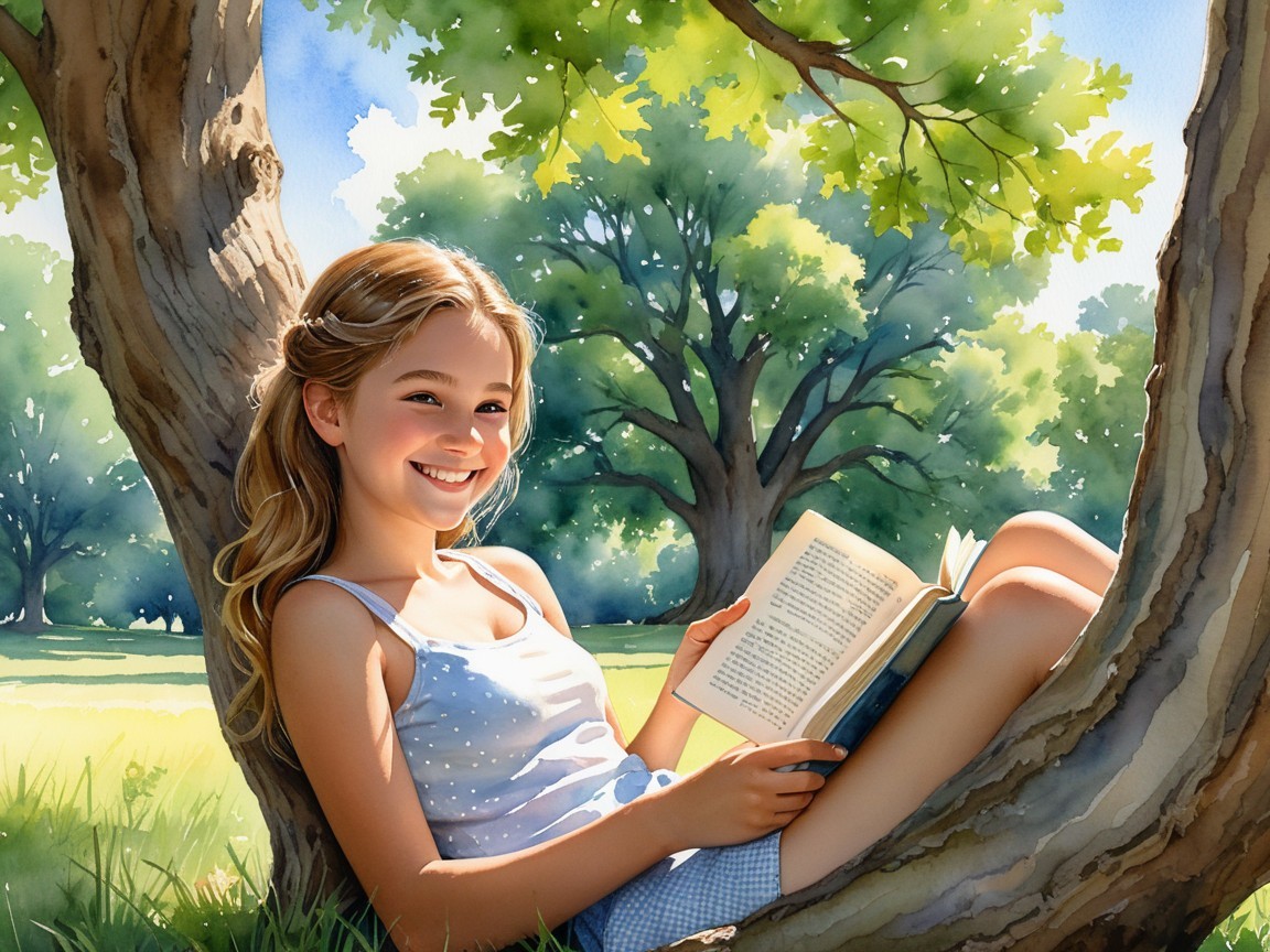 Young girl reading under a tree in summer park