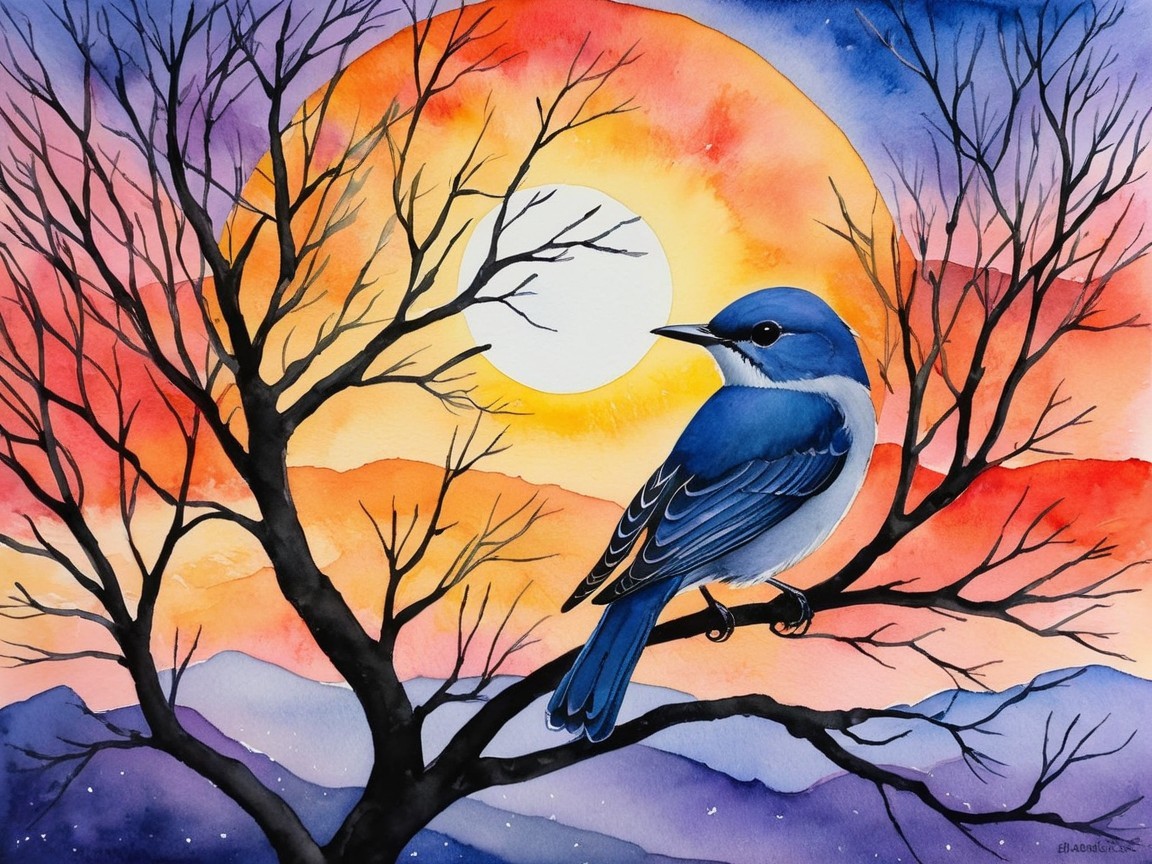 Watercolor Painting of Bluebird at Sunset with Mountains