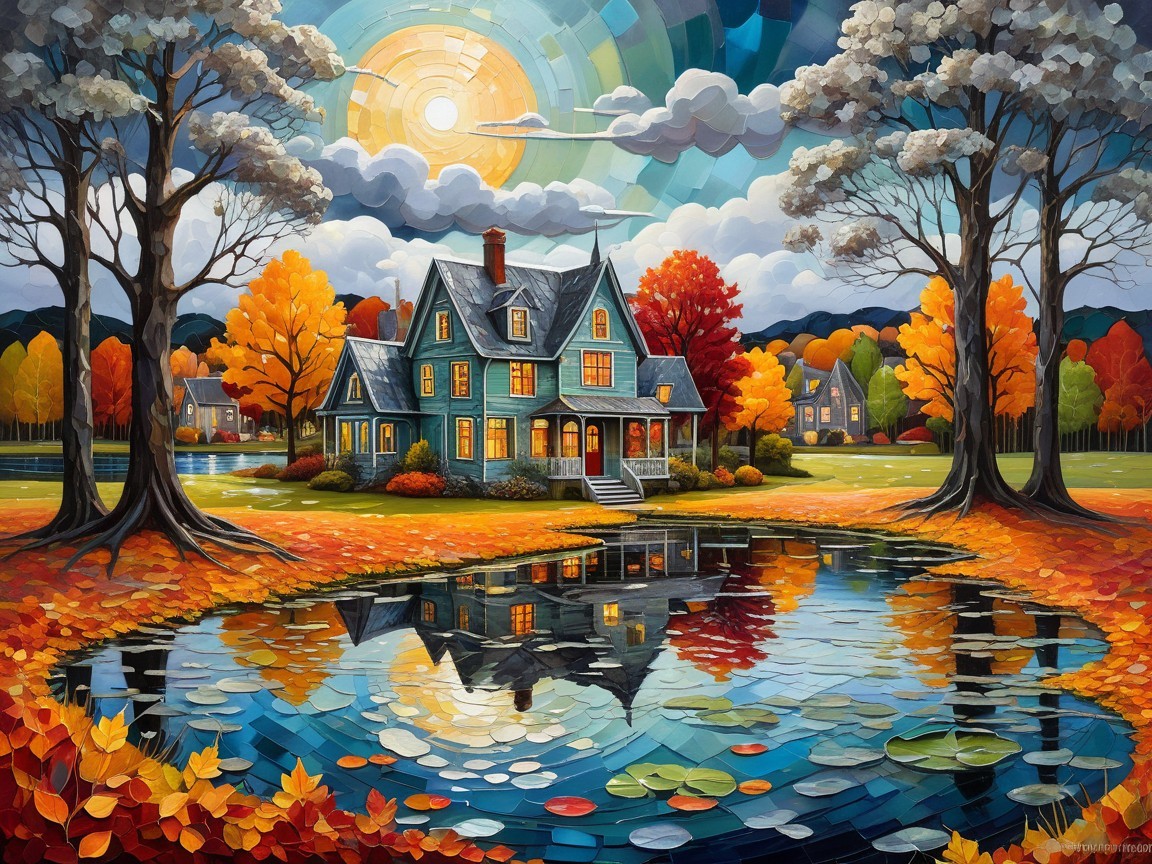 Blue House by Serene Lake in Autumn Colors