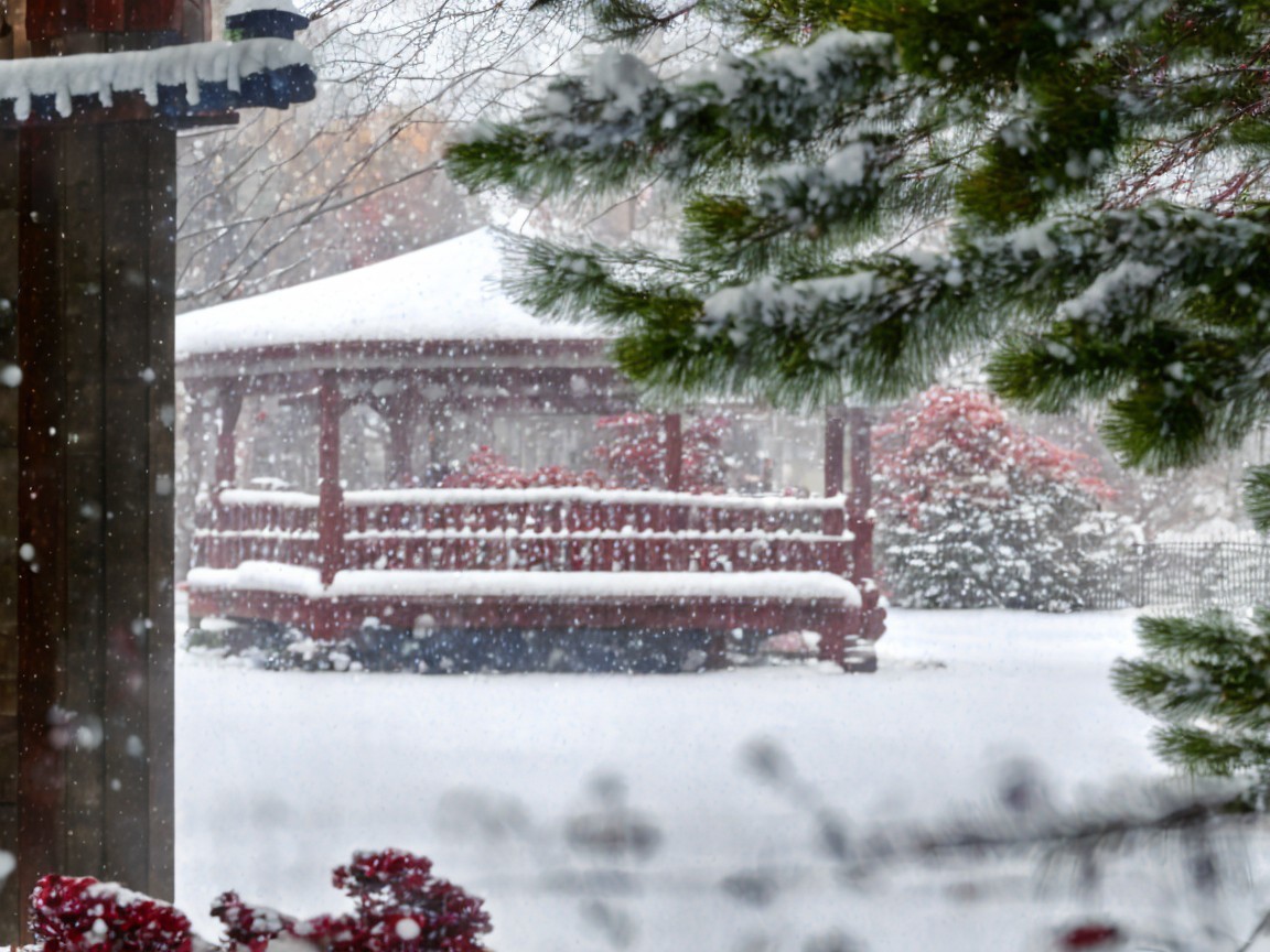 Winter Scene with Red Gazebo and Snowy Landscape
