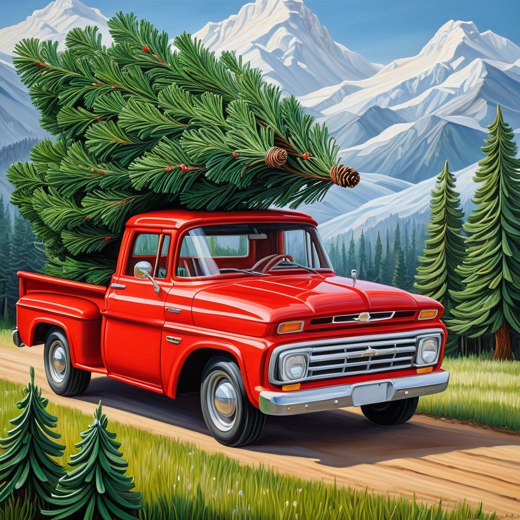 Vintage red pickup truck with Christmas tree on dirt road