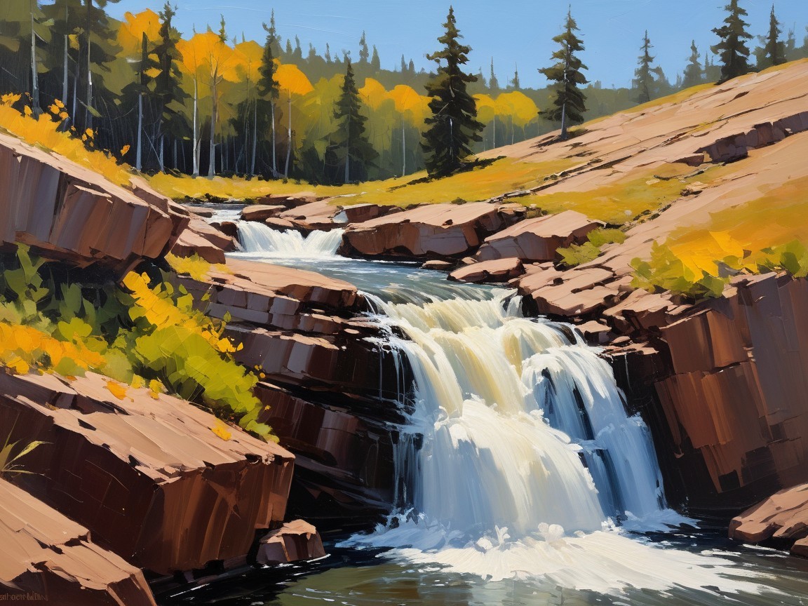 Cascading Waterfall Amidst Autumn Foliage and Trees