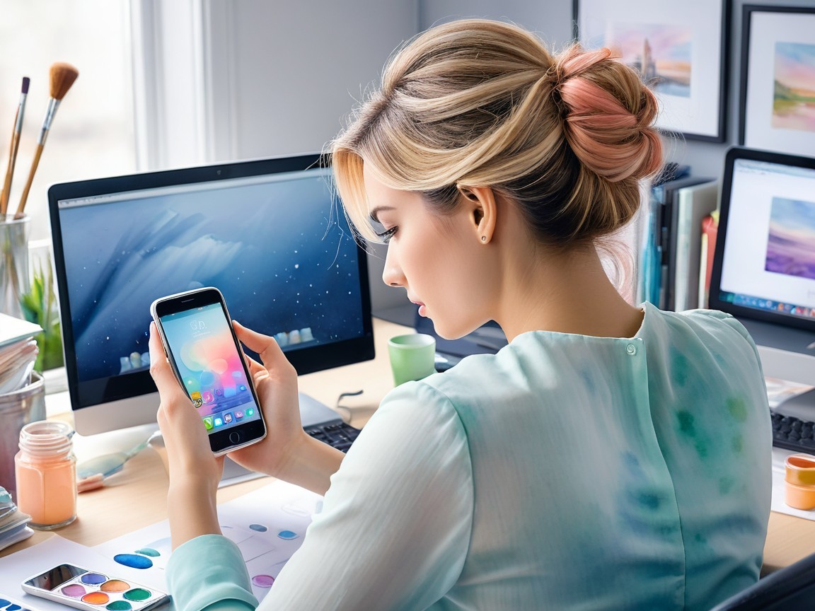 Young woman in a creative workspace with art supplies