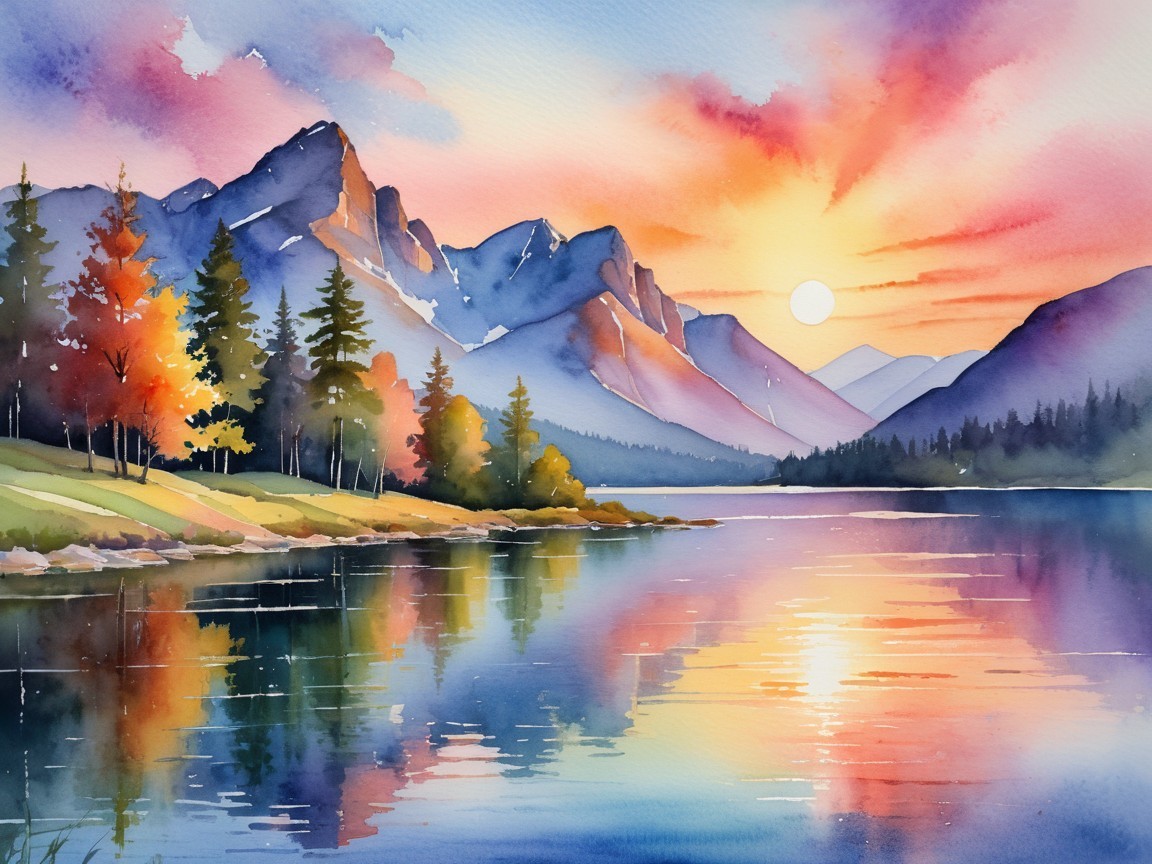 Watercolor Landscape of Sunset Over Tranquil Lake