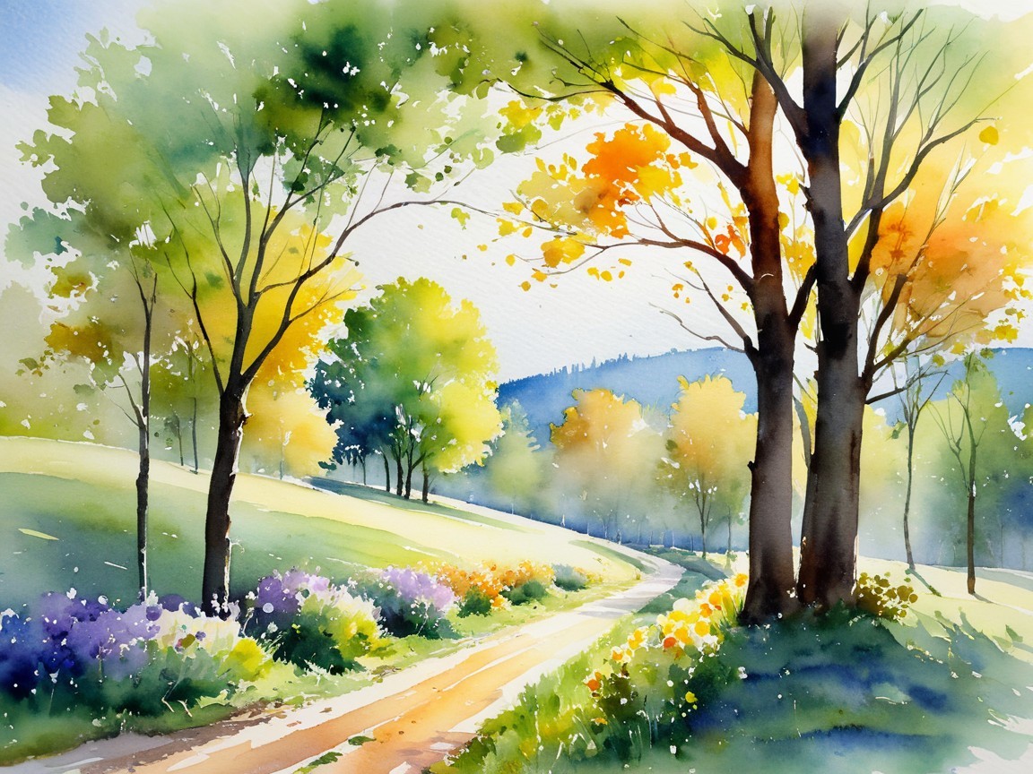 Serene Autumn Landscape with Winding Path and Wildflowers