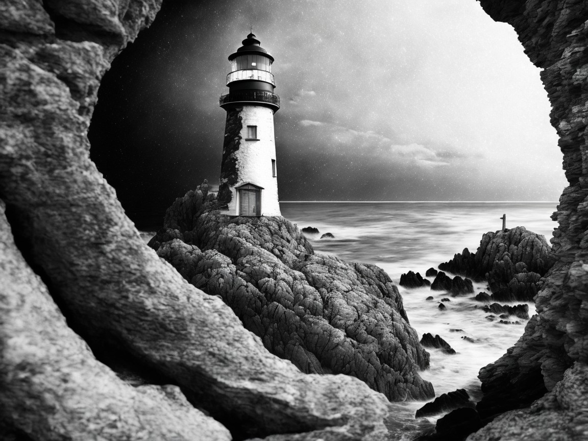 Solitary lighthouse on rocky coast in black and white