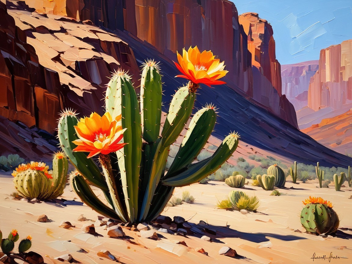 Vibrant Desert Landscape with Cactus and Red Rocks