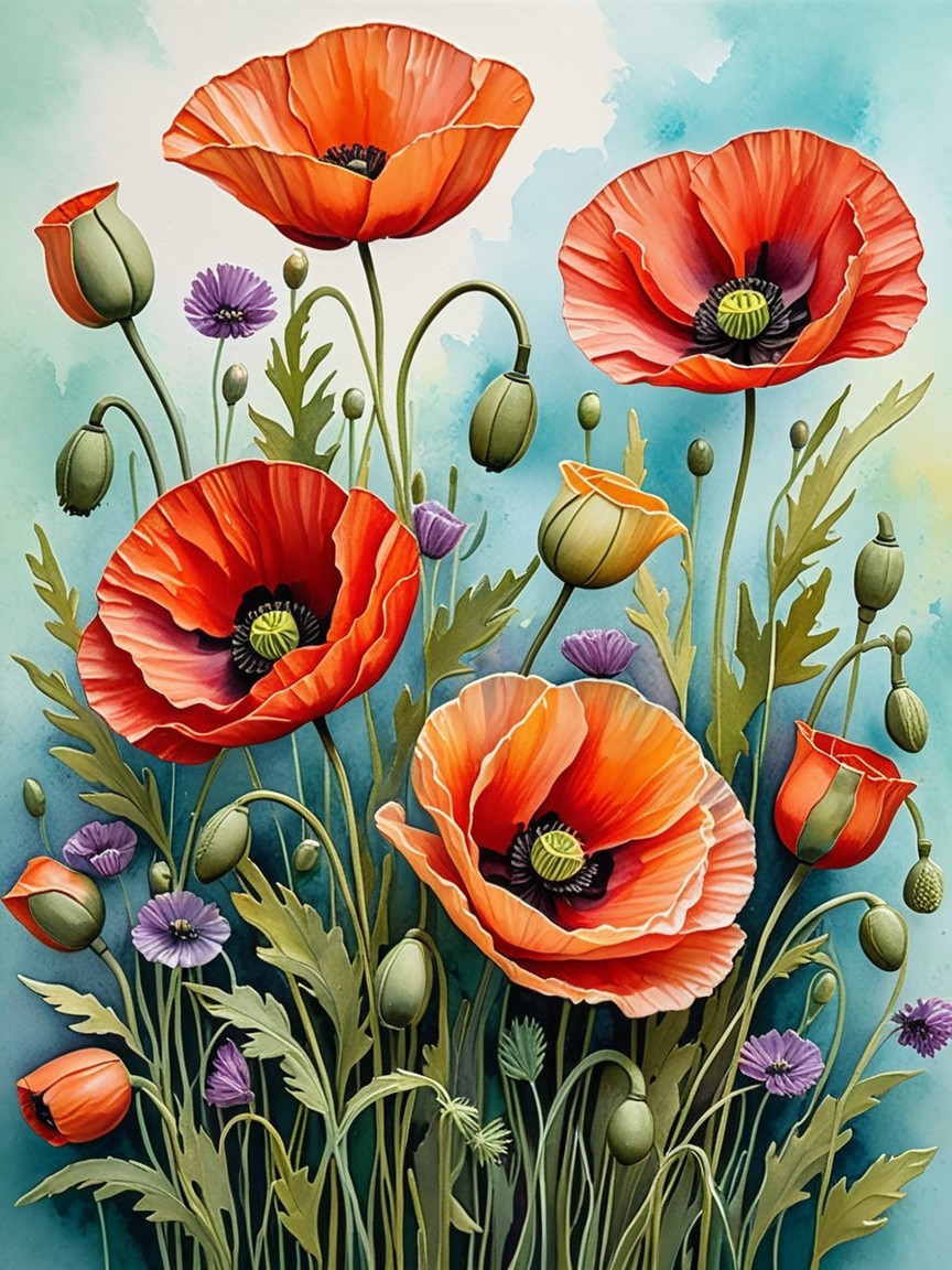 Vibrant Red Poppy Bouquet with Blue-Green Background