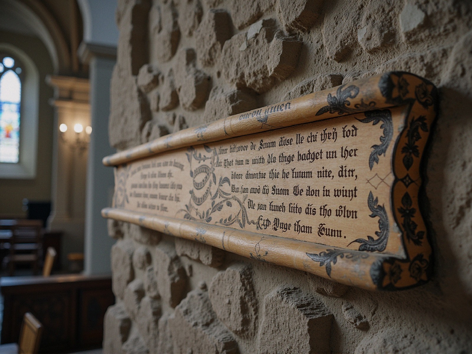 Ornate Wooden Plaque on Stone Wall in Church