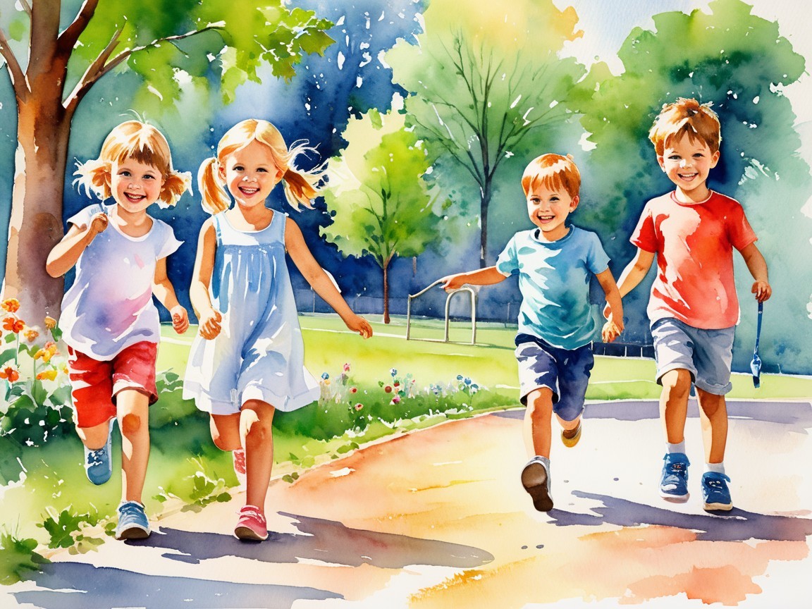 Joyful Children Running in a Sunlit Park Scene