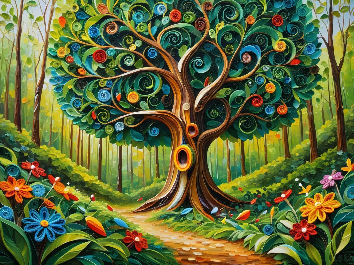 Vibrant Tree with Colorful Flowers and Meandering Path