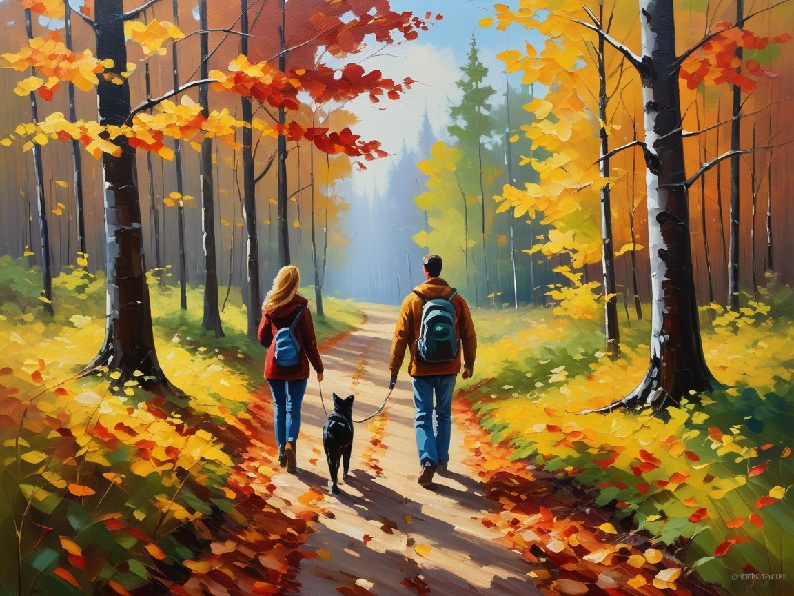Autumn Scene of Couple Walking with Dog on Path