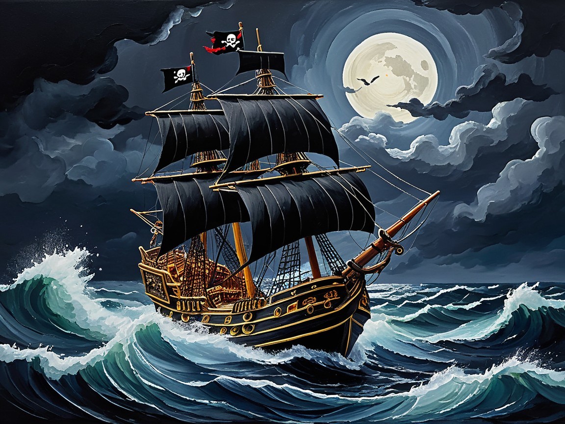 Majestic pirate ship sailing through tumultuous seas