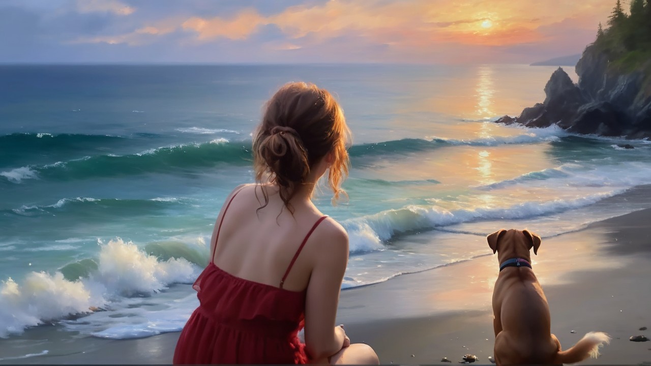 Young Woman in Red Dress at Sunset Beach Scene