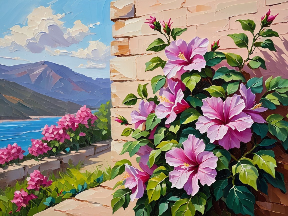 Vibrant Scene with Pink Hibiscus and Scenic Landscape