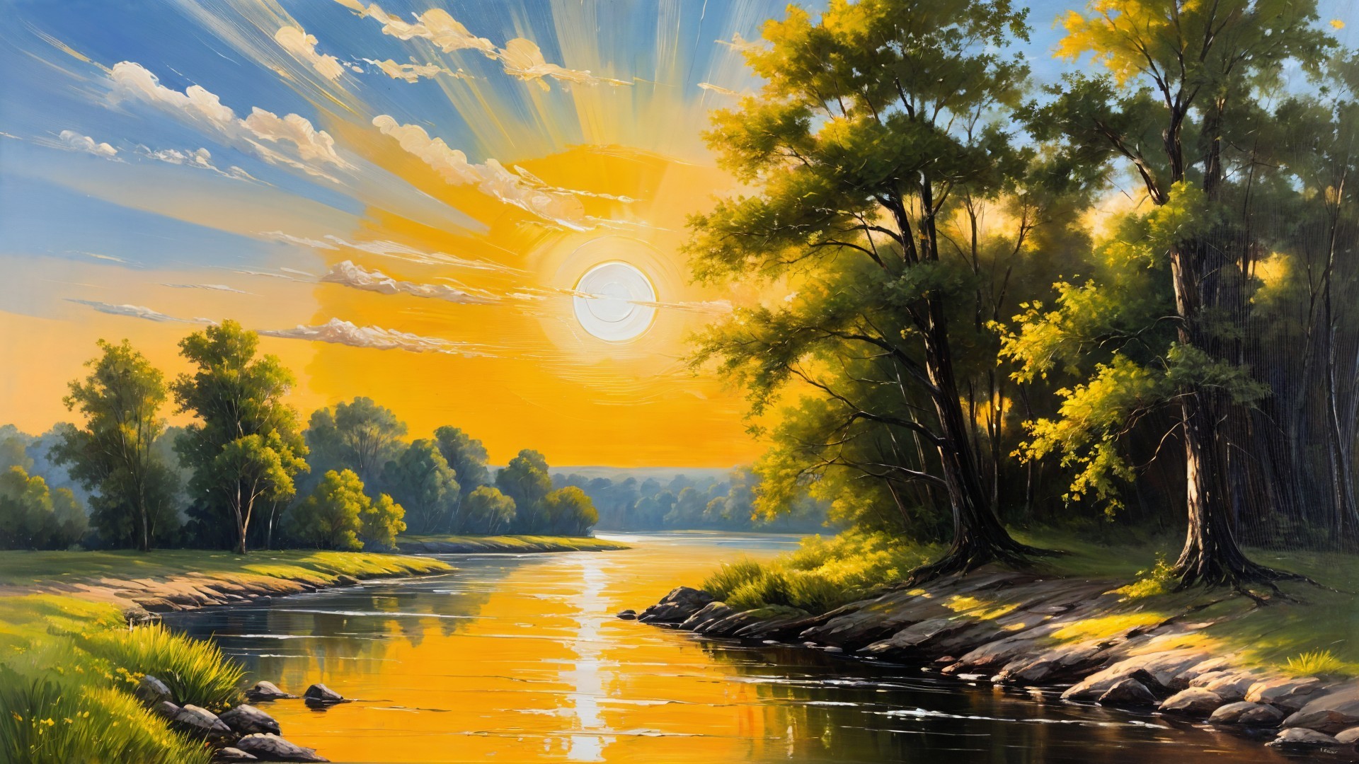 Serene Sunrise Landscape with River and Lush Greenery