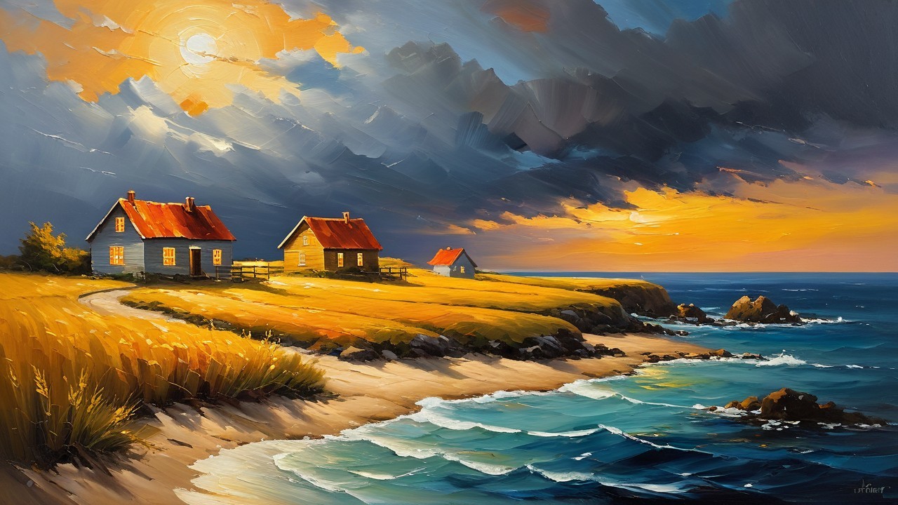Coastal Landscape with Cottages and Sunset Hues