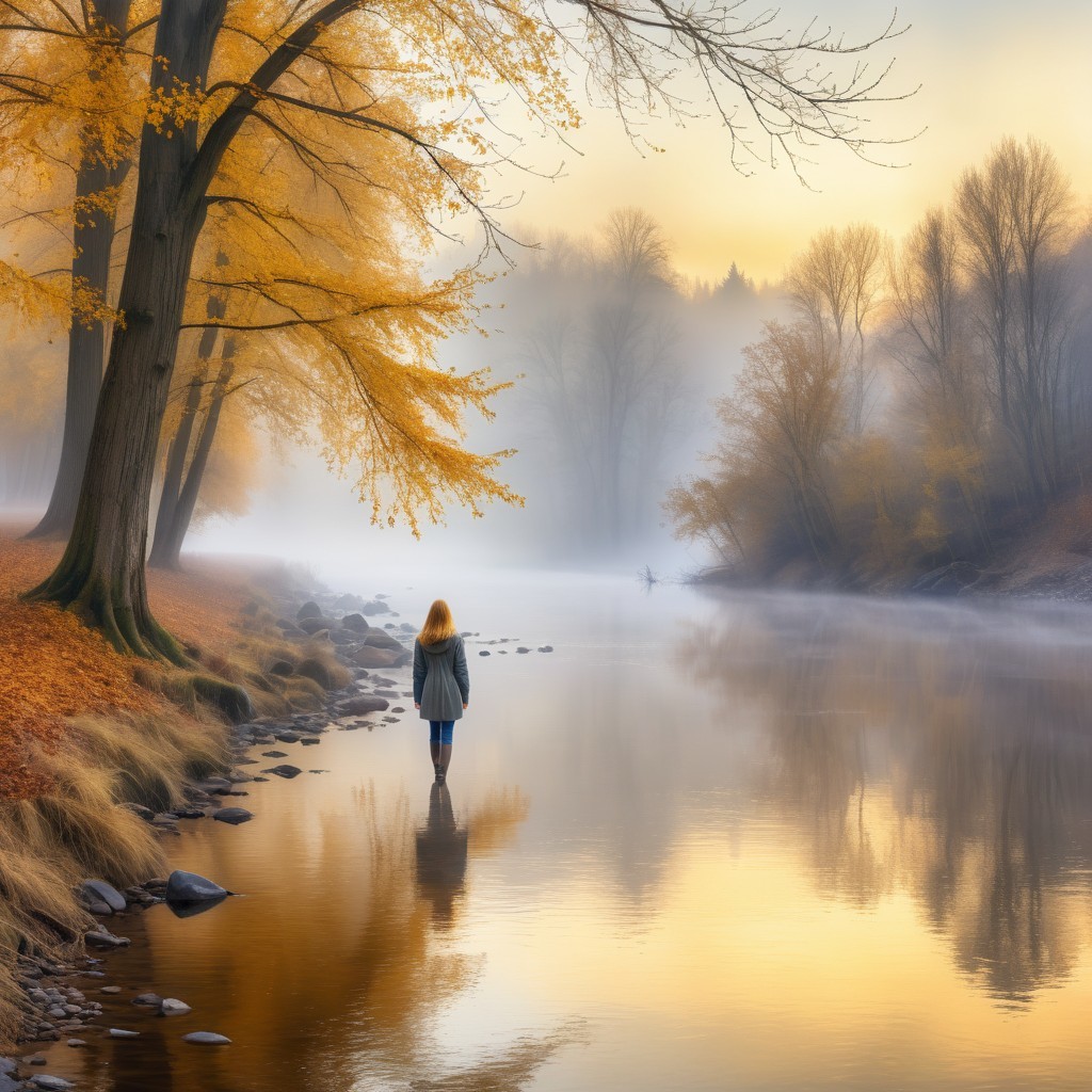 Serene River Scene with Autumn Colors and Fog