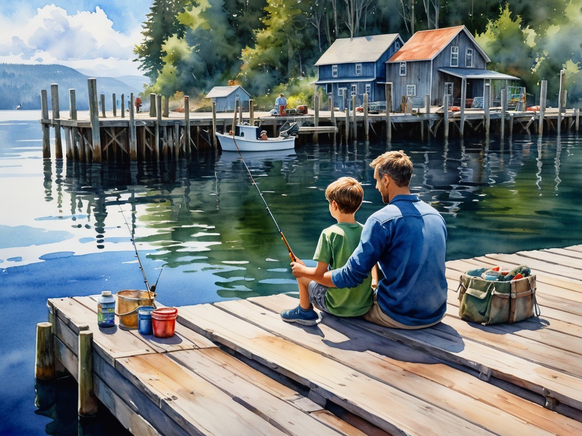 Father and son fishing at a serene lakeside dock