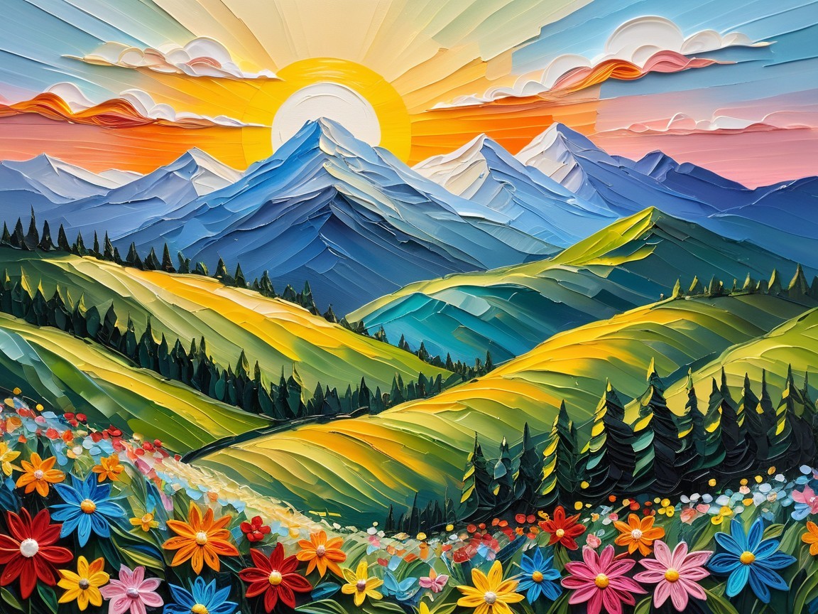 Vibrant Sunrise Landscape with Textured Mountains and Flowers