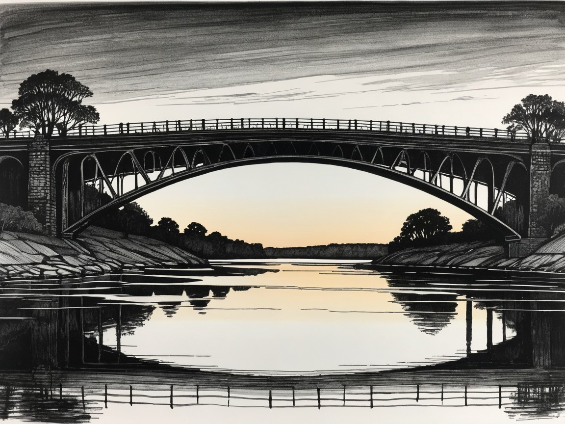 Black-and-white illustration of a bridge over a river