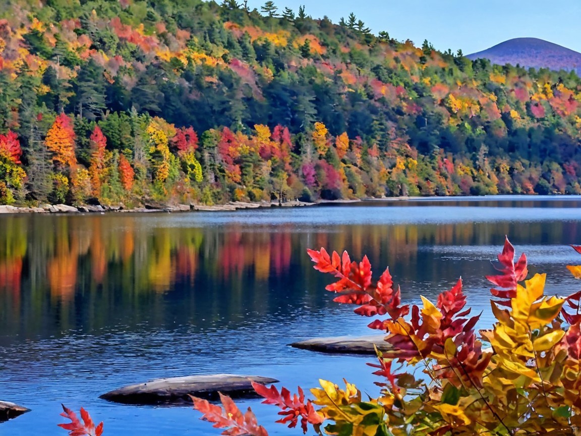 Autumn Lake Surrounded by Colorful Foliage and Hills