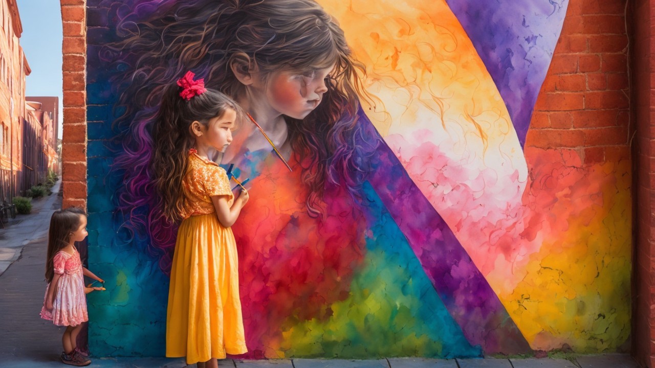 Young girls observing a colorful mural scene