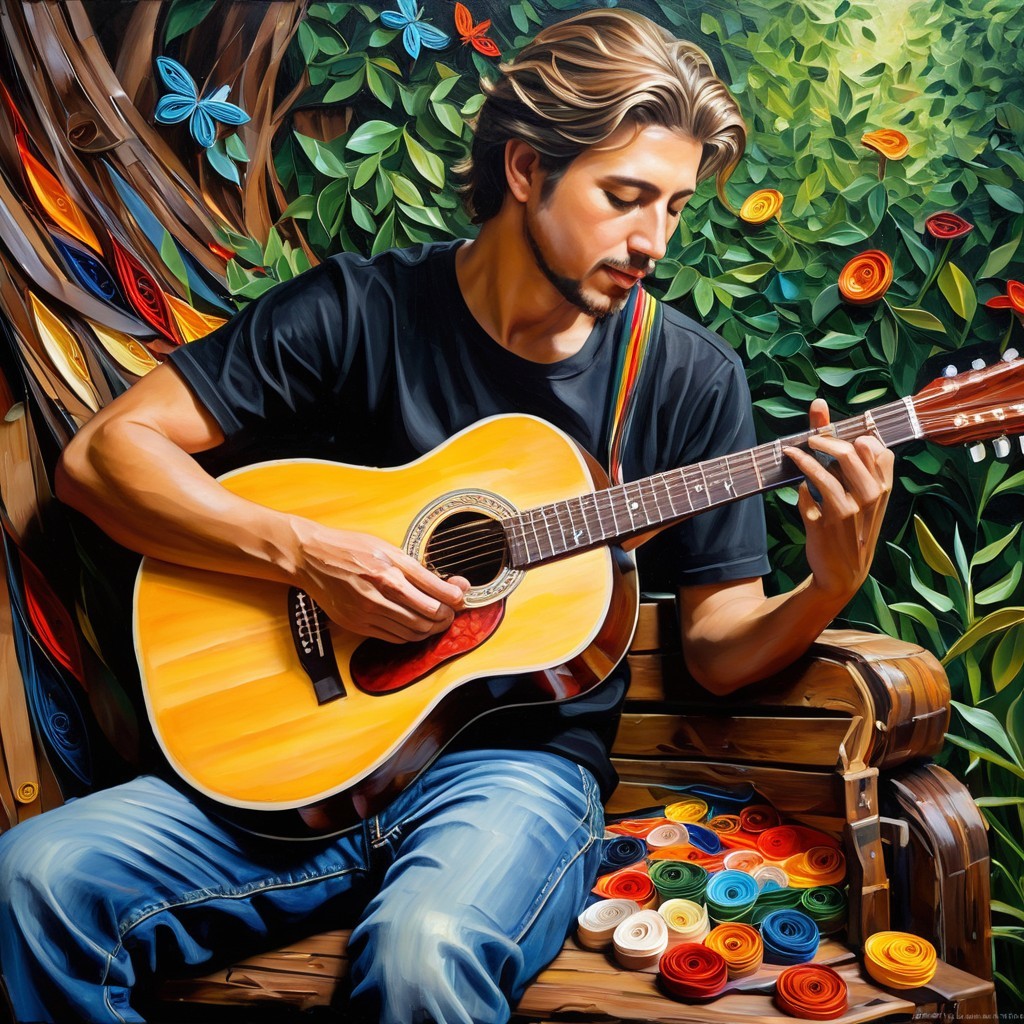Young Man Playing Acoustic Guitar in Vibrant Nature