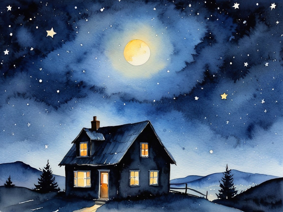 Cozy House Under Starry Sky in Watercolor Scene
