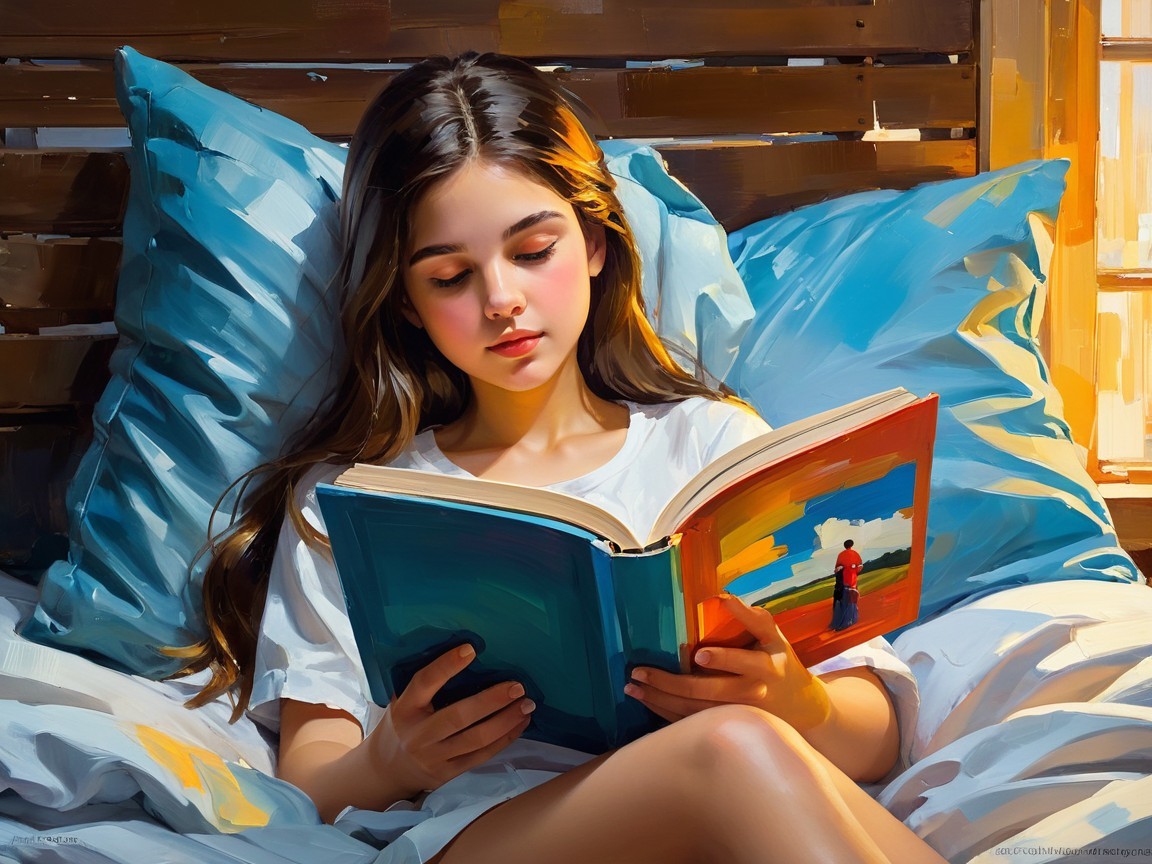 Young girl reading a colorful book in soft morning light