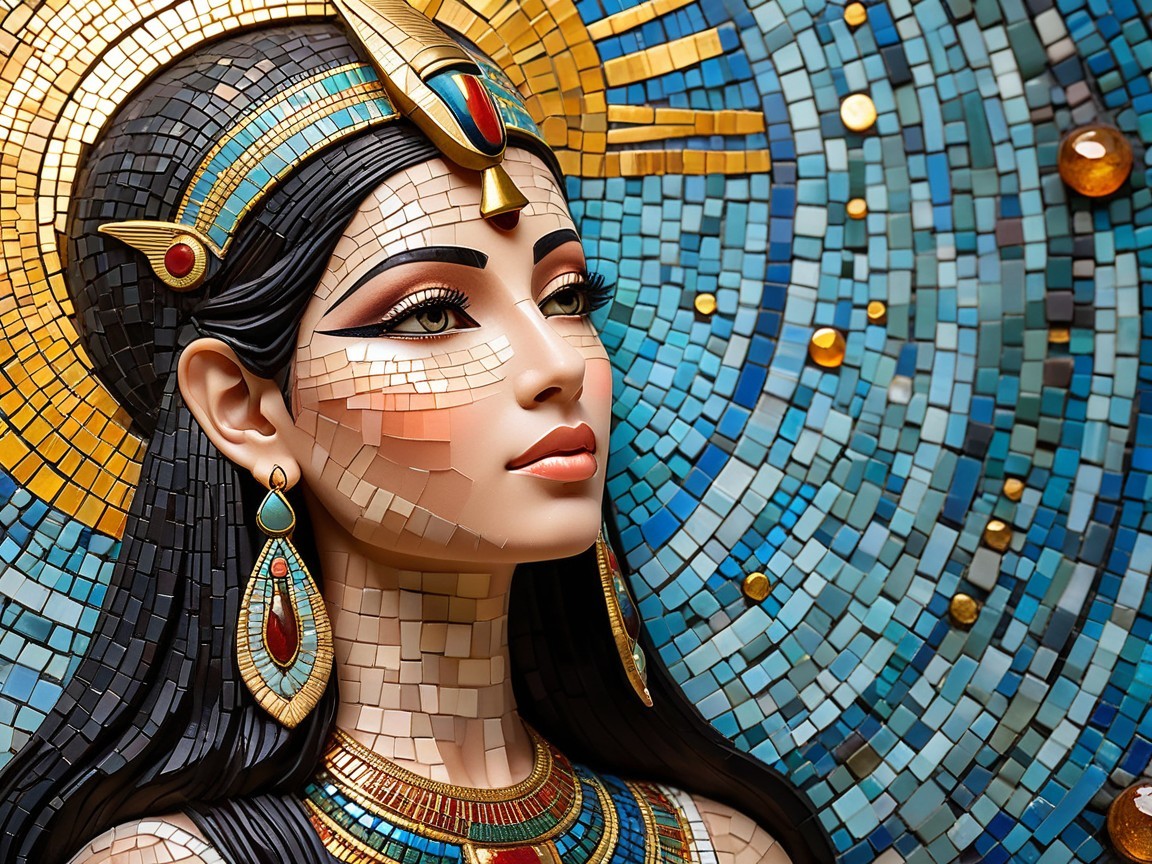 Mosaic Artwork of a Woman with Vibrant Colors and Gold