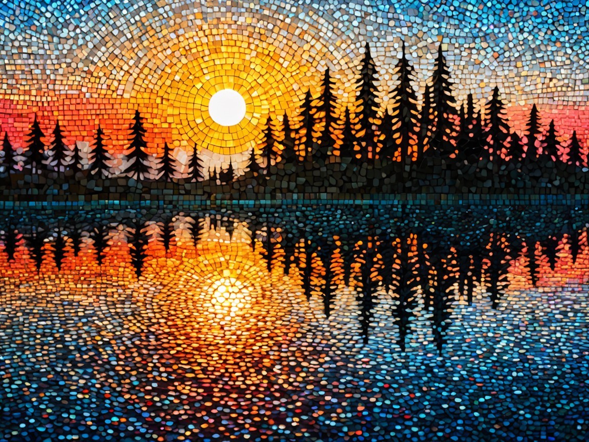 Vibrant Mosaic of Sunset Over Tranquil Lake