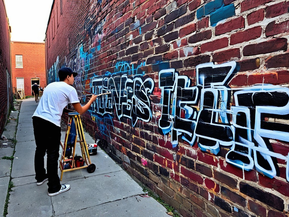 Young Artist Creating Vibrant Graffiti in Alleyway